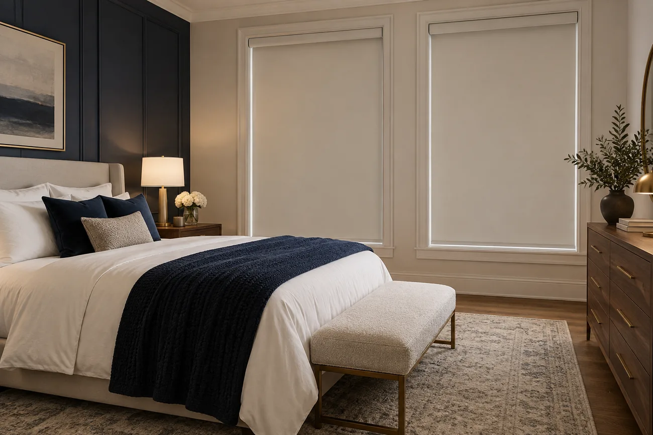 Blackout roller shades fully lowered in a bedroom