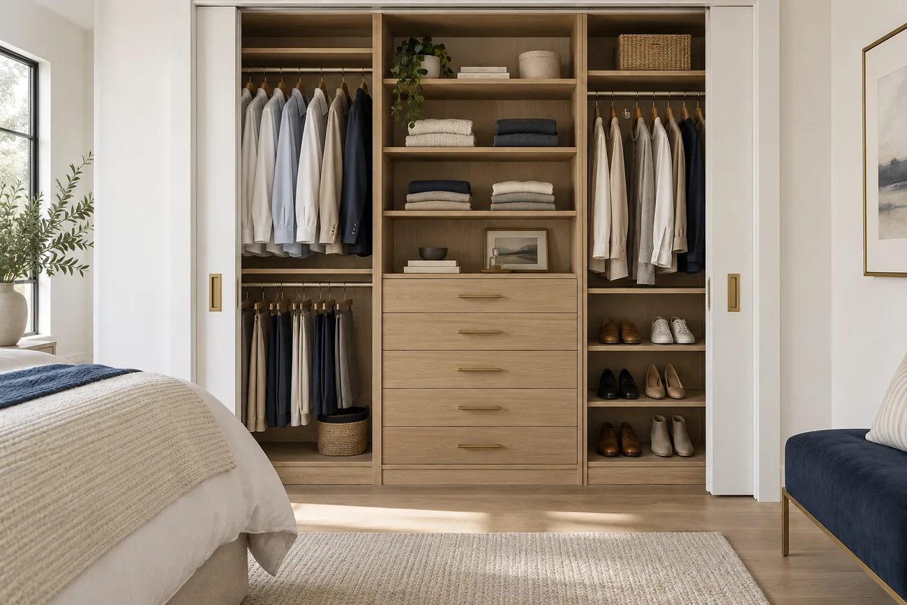Custom oak reach-in closet with hanging sections, drawers and shoe shelves