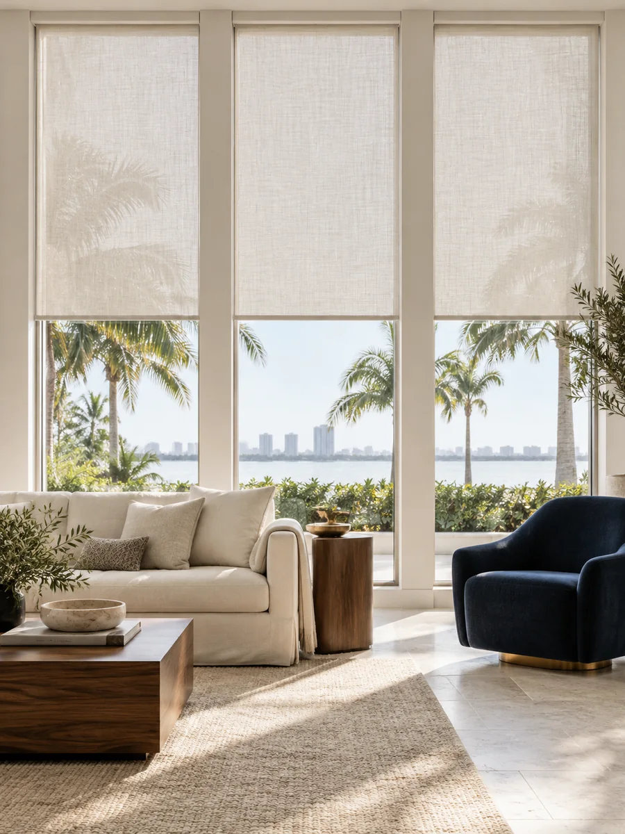 Solar screen roller shades filtering afternoon light in a bayfront living room