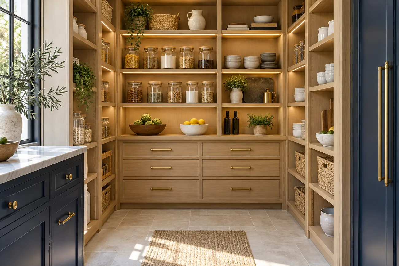 Custom oak pantry with open shelving, drawers and integrated lighting