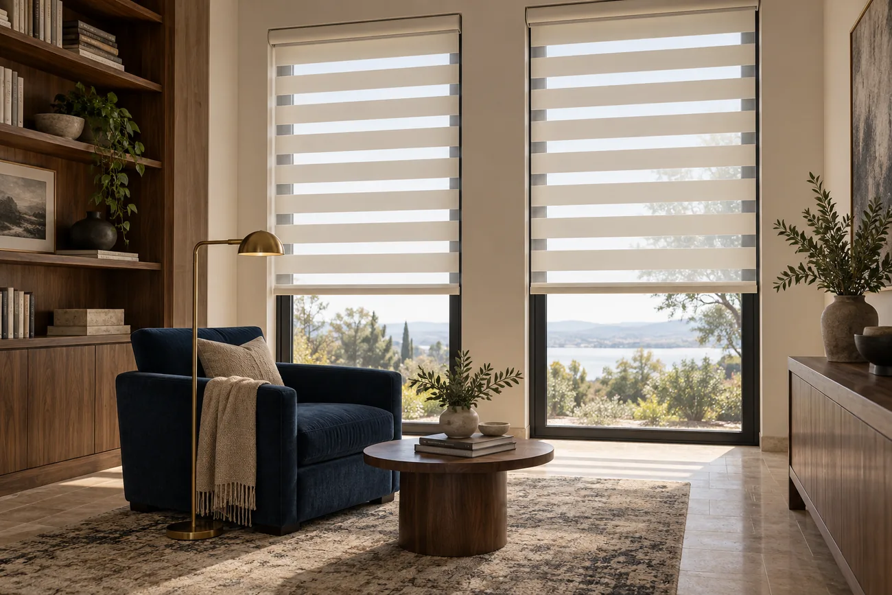 Zebra shades with alternating sheer and solid bands in a reading room